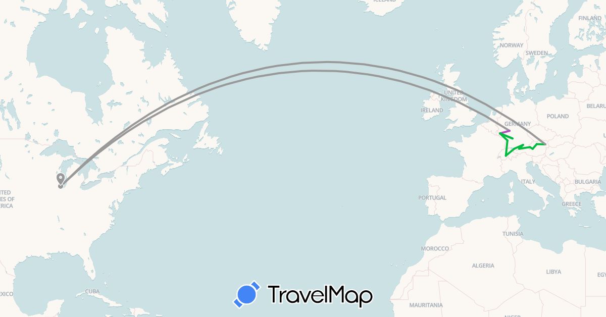 TravelMap itinerary: bus, plane, train in Austria, Switzerland, Germany, United States (Europe, North America)