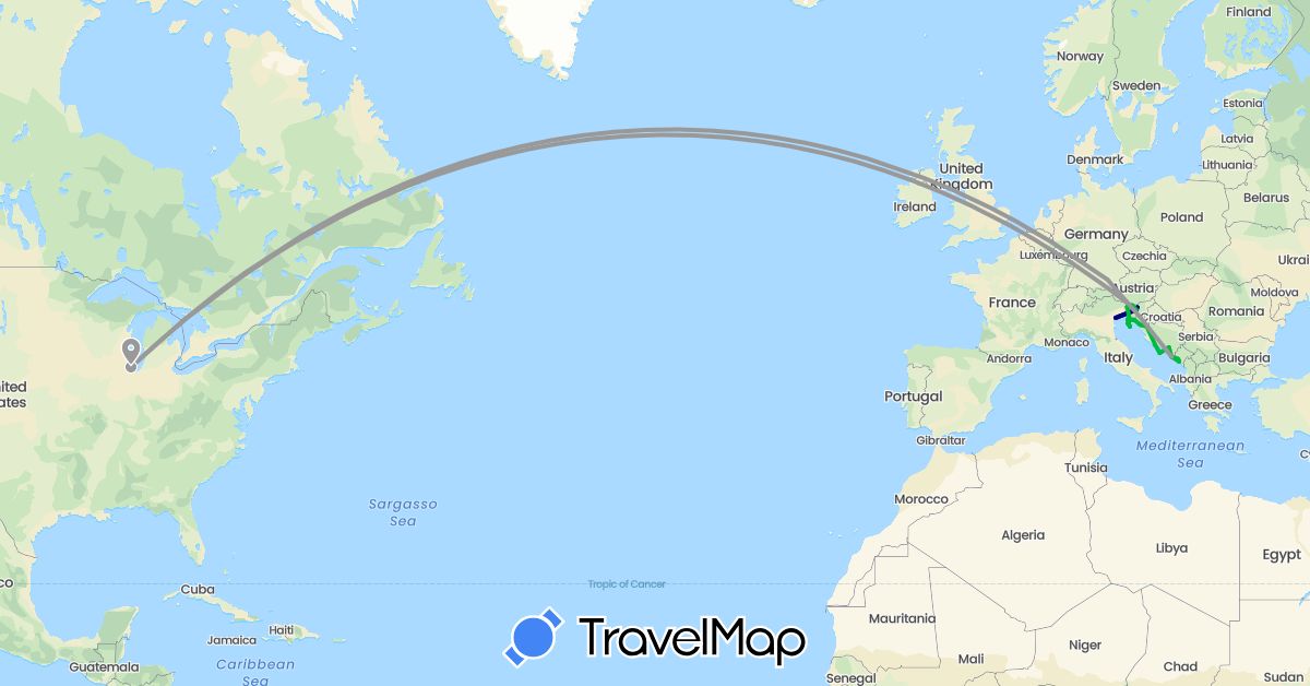 TravelMap itinerary: driving, bus, plane in Bosnia and Herzegovina, Germany, Croatia, Italy, Montenegro, Slovenia, United States (Europe, North America)
